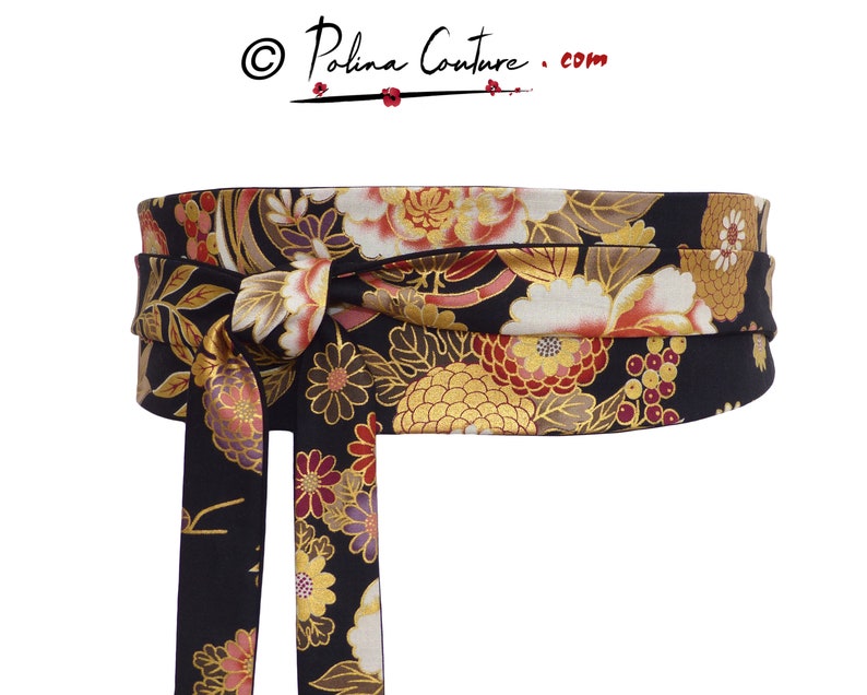 Black Gold Floral Obi Belt, Japanese cotton Fabric, colorful gold sash / Waist / Wide wrap belt, kimono yukata dress womens image 8