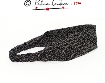 2 BREITEN, Haarband Baumwolle Stoff schwarz geometrisch japanisch Wellen Muster, Stirnband mit Gummizug, Damen Mädchen,  ecru Punkten