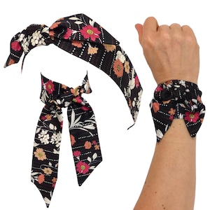 Schmal Tuch Band zum binden, Schwarz Blumen Muster Rosa Pfirsich, Baumwolle Haarband Stirnband, Tasche, Hut Band, Armband