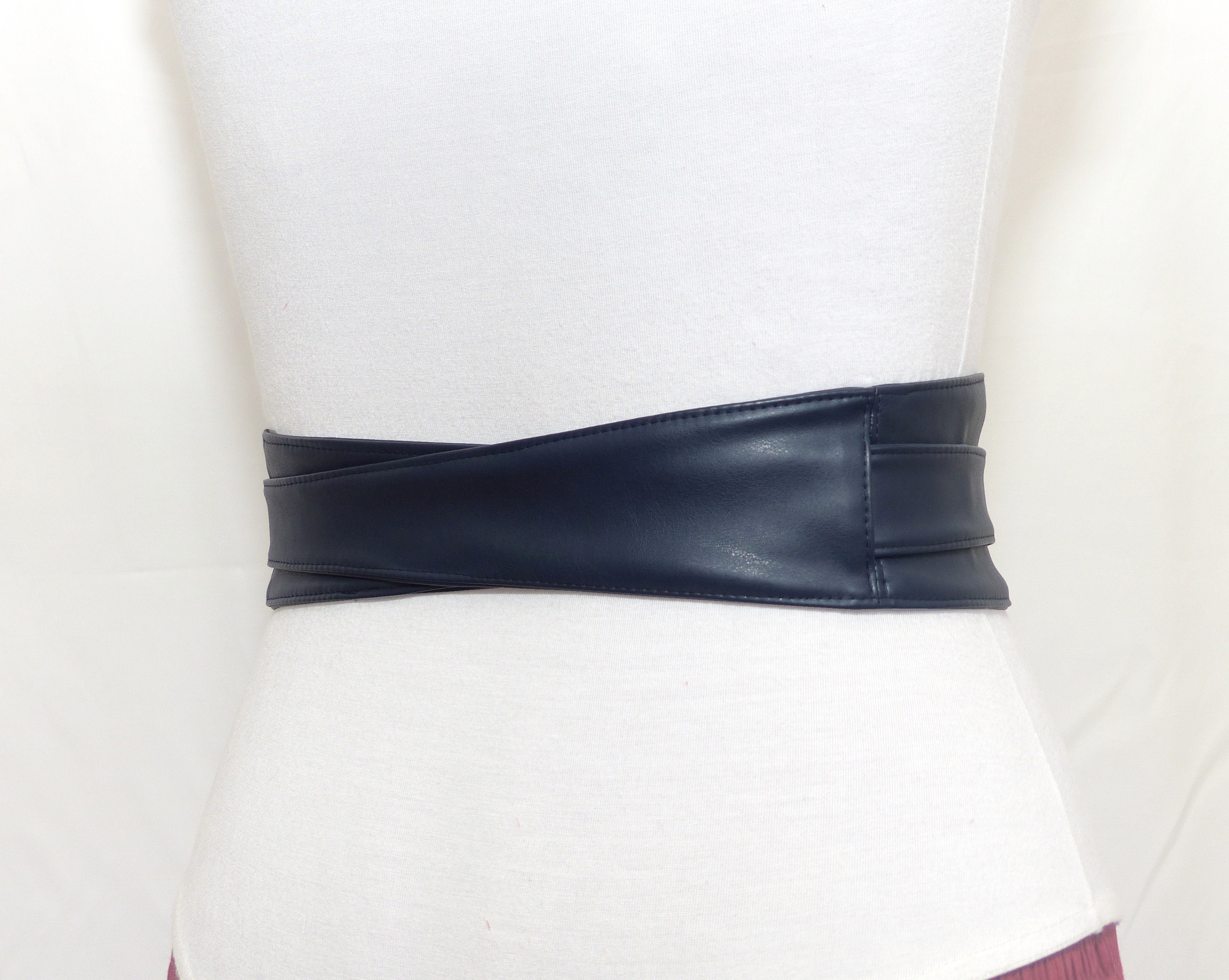 Navy Obi Waist Belt Vegan Leather, Blue Wide Faux Nappa Wrap  display picture 1