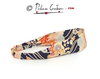 2 WIDTHS, Classic simple headband / hair band, japanese cotton fabric, women girl, navy pastel pink orange floral