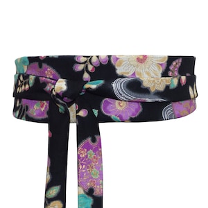 Wide black Waist Belt, lilac / amethyst turquoise / jade / emerald green flowers, wrap belt / obi sash, kimono dress, women&#39;s