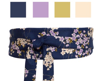 Marine blau Obi Gürtel mit Pastell Kirschblüten Blumen Muster, Japanisch Stoff, Bindegürtel / Taillengürtel / Obigürtel, kimono kleid