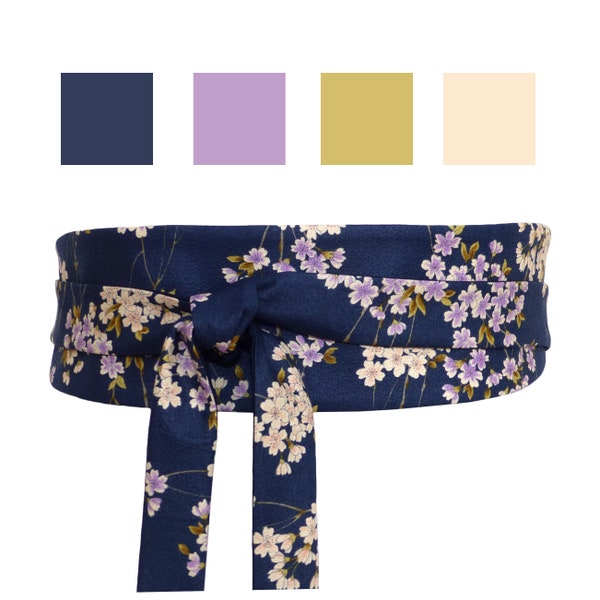 Marineblauwe Obi-riem Pastel Sakura kersenbloesempatroon, Japanse stoffen + Haute Couture, kimonojurk, vrouw