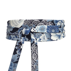 Obi waist Belt Black silver slate blue gray, Reversible wide wrap sash, for kimono dress, women&#39;s, floral japanese fabric with cranes