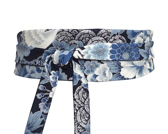 Ceinture obi à nouer Noir Argent Bleu Ardoise, Réversible, tissu japonais à motif de fleurs, grues, géométrique, kimono robe jupe, femme