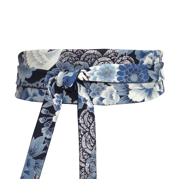 Ceinture obi à nouer Noir Argent Bleu Ardoise, Réversible, tissu japonais à motif de fleurs, grues, géométrique, kimono robe jupe, femme