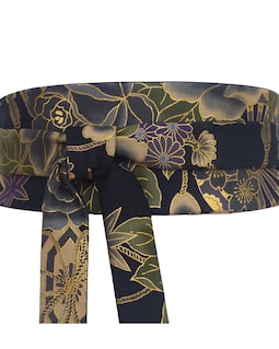 Black Obi Waist Belt With Floral Japanese Frieze of Traditional
