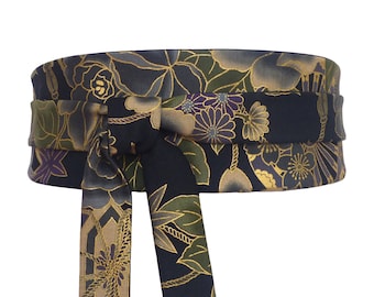 Black Obi Waist belt with floral japanese frieze of traditional patterns in lilac, dark green, gray & gold, for women's dress, kimono