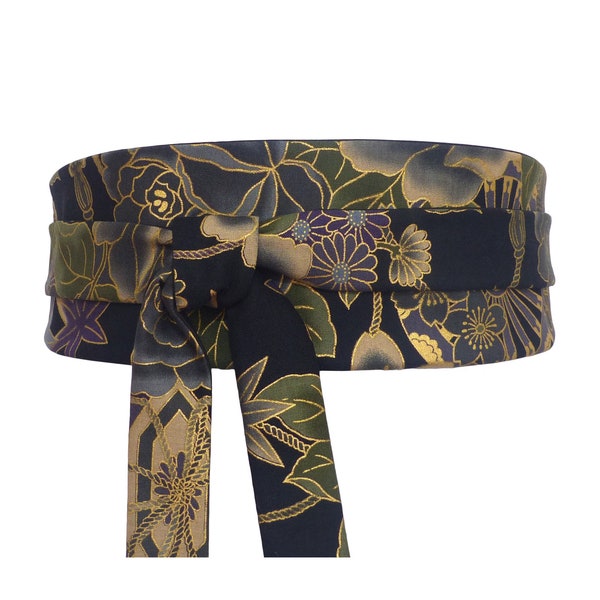 Ceinture à nouer Noir Or vert foncé & gris, Ceinture obi motif Fleuri traditionnel japonais, large et réversible, Tissus Coton, Robe kimono