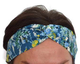 3 WIDTHS for headband, cotton fabric + blue green yellow floral pattern, womens girls, fine or wide