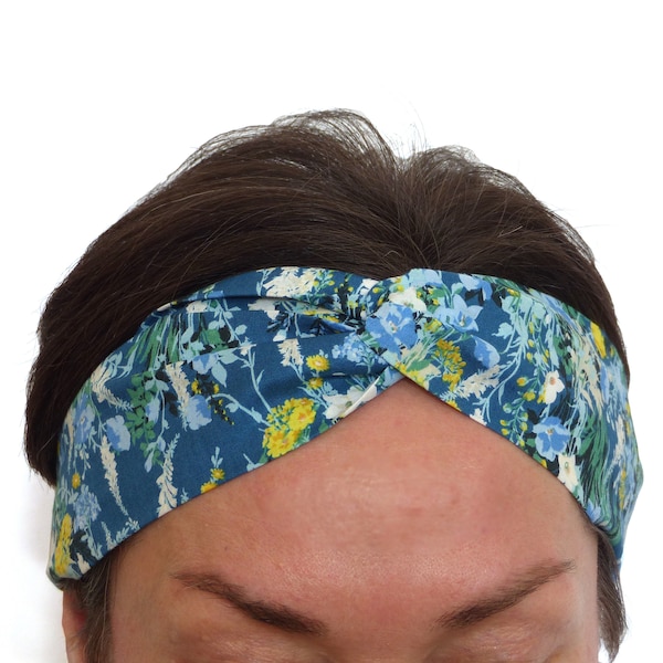 3 WIDTHS for headband, cotton fabric + blue green yellow floral pattern, womens girls, fine or wide