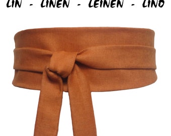 Ochre Rust Linen Belt, fabric obi waist belt, Wide wrap sash, japanese kimono cincher corset asian