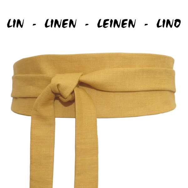 LIN Jaune Soleil Moutarde, Ceinture à nouer Obi en tissu pour robe, veste, tunique, kimono ; réversible ; serre taille haute; homme / femme