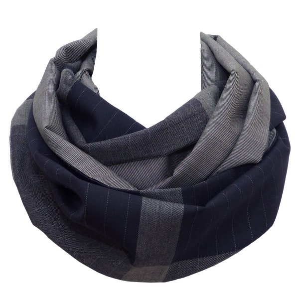 100% LAINE Haute Couture, Echarpe bleu marine gris, Snood géométrique rayures, double tour de cou, cache col Patchwork Tissus, Homme Femme