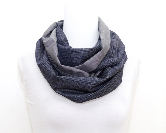 WOOL COTTON Loop Scarf Navy Blue Grey Geometric Stripes Check