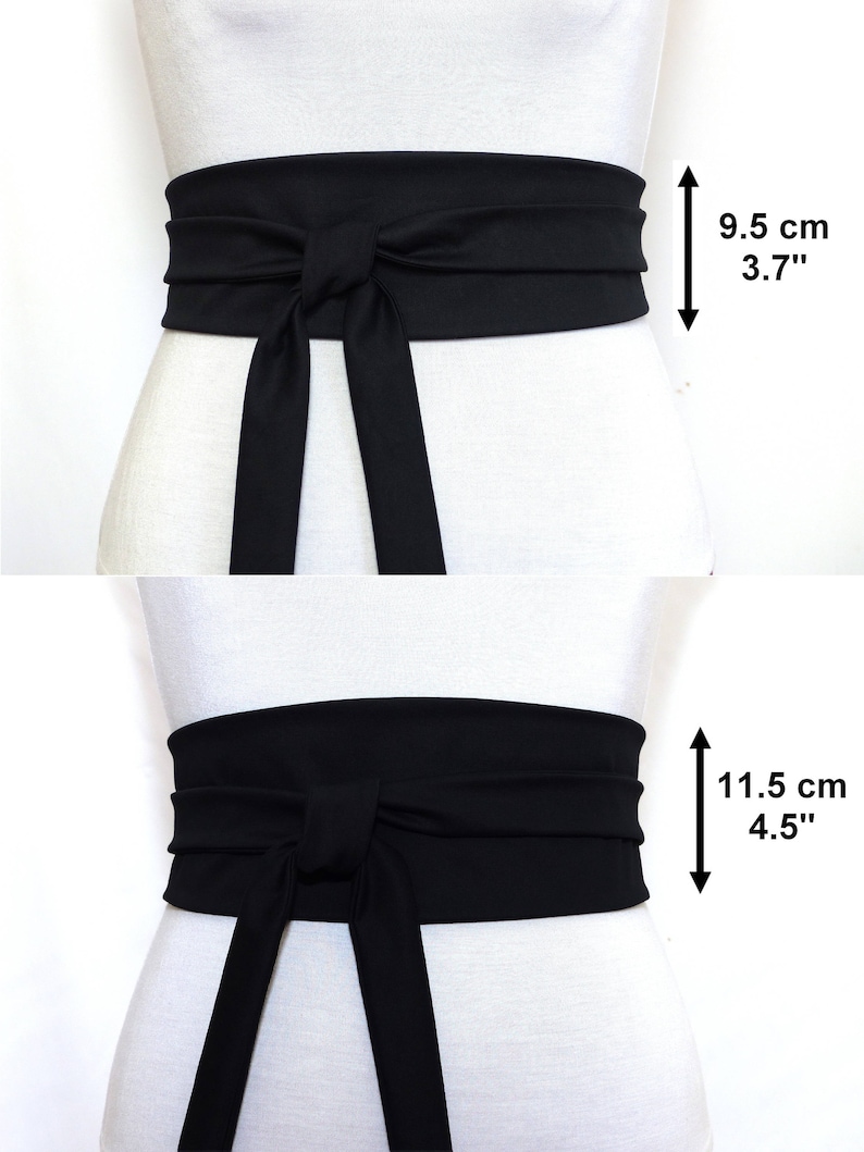 May include: Black fabric belt tied in a bow at the front. The belt is 3.7 inches wide and 4.5 inches wide.