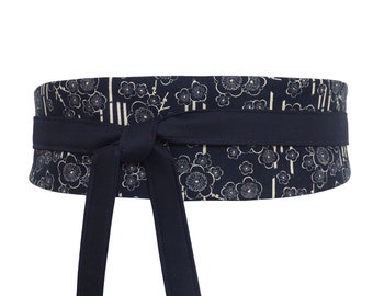 Reversible waist belt, plain night blue / black or cream floral, Japan cotton fabric, obi sash / wide wrap belt, kimono yukata dress womens