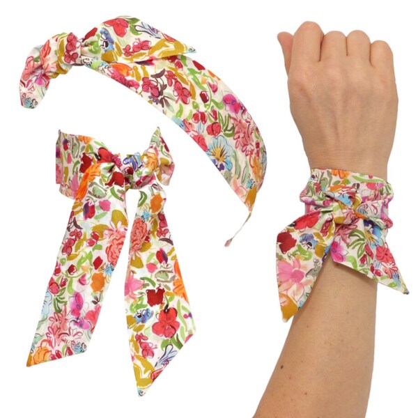 Foulard Bandeau à Cheveux, tissu coton Liberty London à nouer, Bracelet, fil de fer, motif petit fleurs multicolores mediterranee