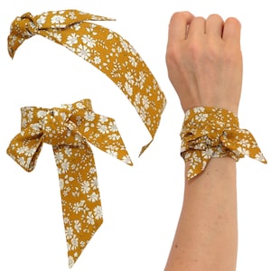 Floral Mustard yellow Scarf Liberty London Cotton, Headband wrap wrist bracelet, hat band, neck bow hair tie,  Skinny yellow capel, wired