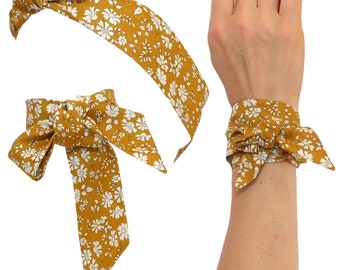 Floral Mustard yellow Scarf Liberty London Cotton, Headband wrap wrist bracelet, hat band, neck bow hair tie,  Skinny yellow capel, wired