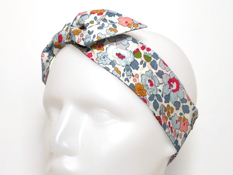 Liberty of London Betsy Porcelain, Skinny scarf, wired Headband, wrap wrist bracelet, neck bow, hair tie bag, girls women mustard red gray image 3