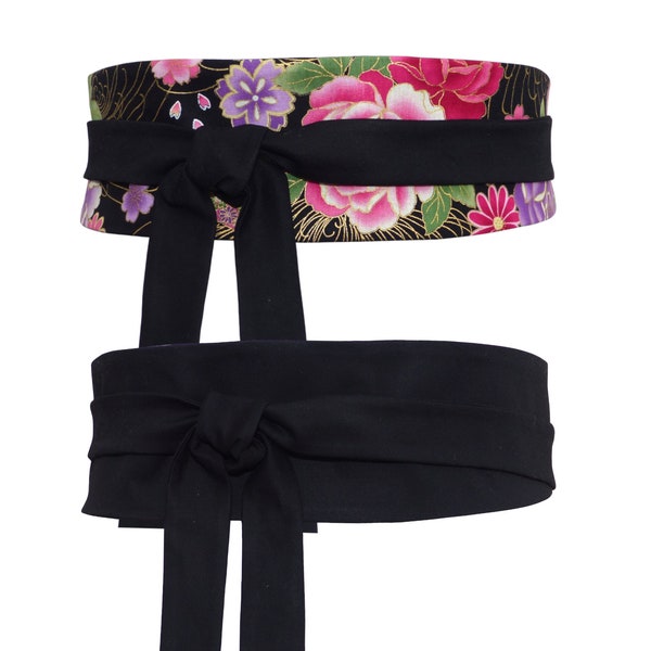 Ceinture à nouer Réversible Noir, Uni / motif Fleuri rouge violet à dorures, obi tissu japonais doré, kimono robe, femme