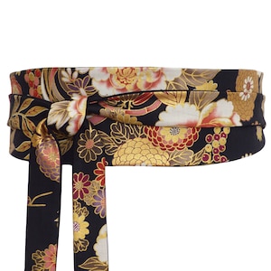 Black Gold Floral Obi Belt, Japanese cotton Fabric, colorful gold sash / Waist / Wide wrap belt, kimono yukata dress womens image 1