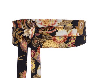 Ceinture obi à nouer Noir, Réversible fleurs rouge taupe doré multicolores, large, tissu coton japonais fleuri, robe kimono femme