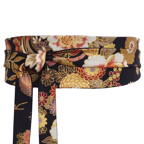 Ceinture obi à nouer Noir, Réversible fleurs rouge taupe doré multicolores, large, tissu coton japonais fleuri, robe kimono femme