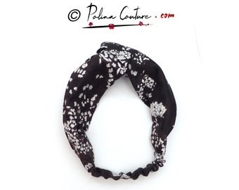 LUXURY Double Gauze Cotton, Twist headband, head hair band, japanese fabric, adult womens girl, elastic back - black brown floral white