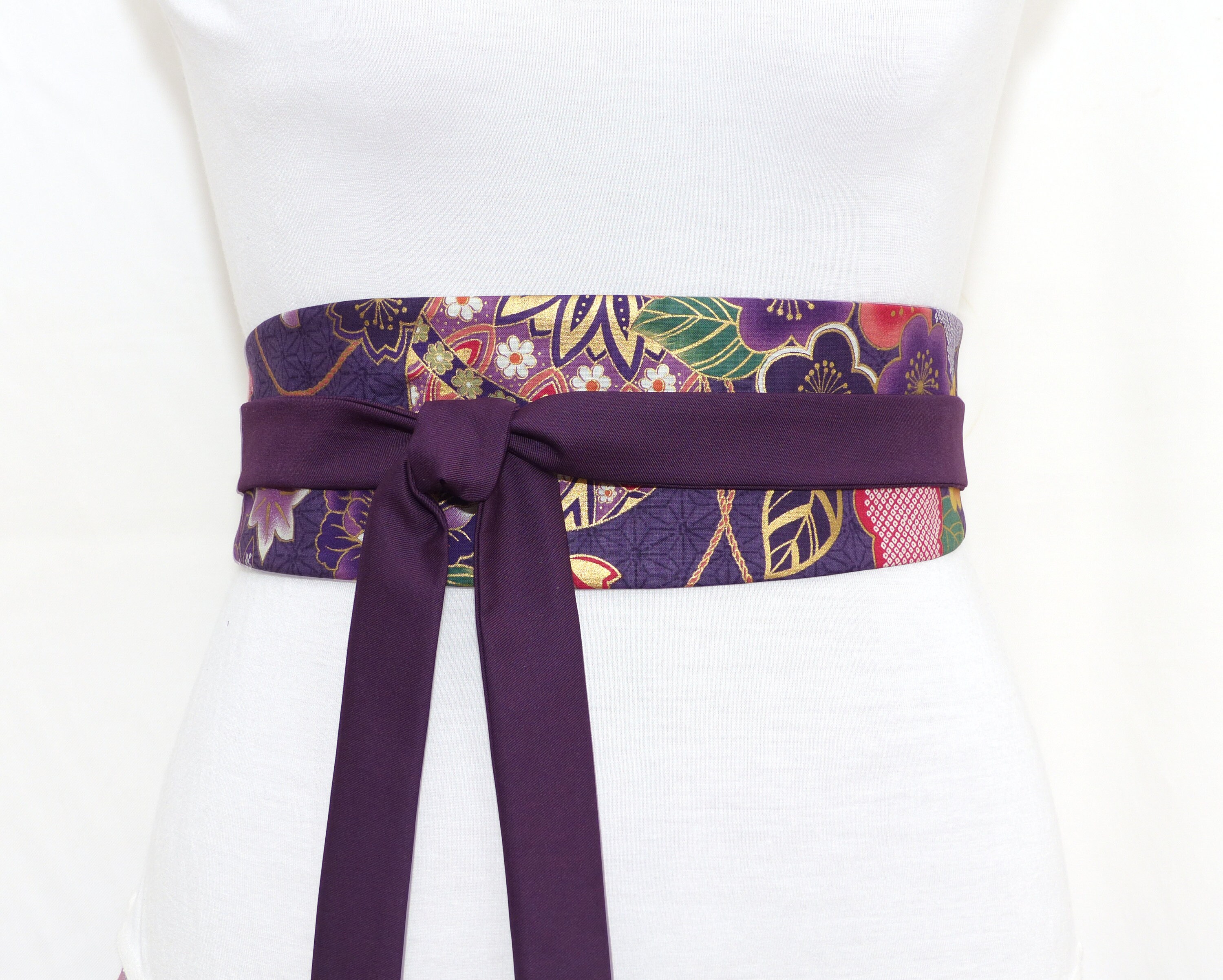 Purple Paisley and Polka Dot Obi Style Waist Belt Lavender Purple Paisley Obi Belt, Corset Waist Cincher, Wide  main image 2