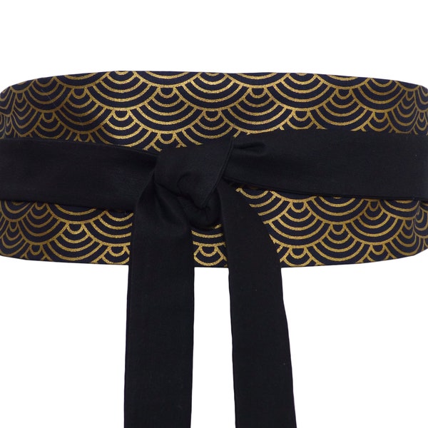 REVERSIBLE, Ceinture à nouer Noir Uni / motif vagues géométriques or doré, obi en tissu, kimono robe