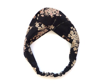 In 3 WIDTHS Black floral Twist elastic headband, pastel pink beige cherry blossom,  floral Japanese cotton crepe fabric, womens, wide narrow