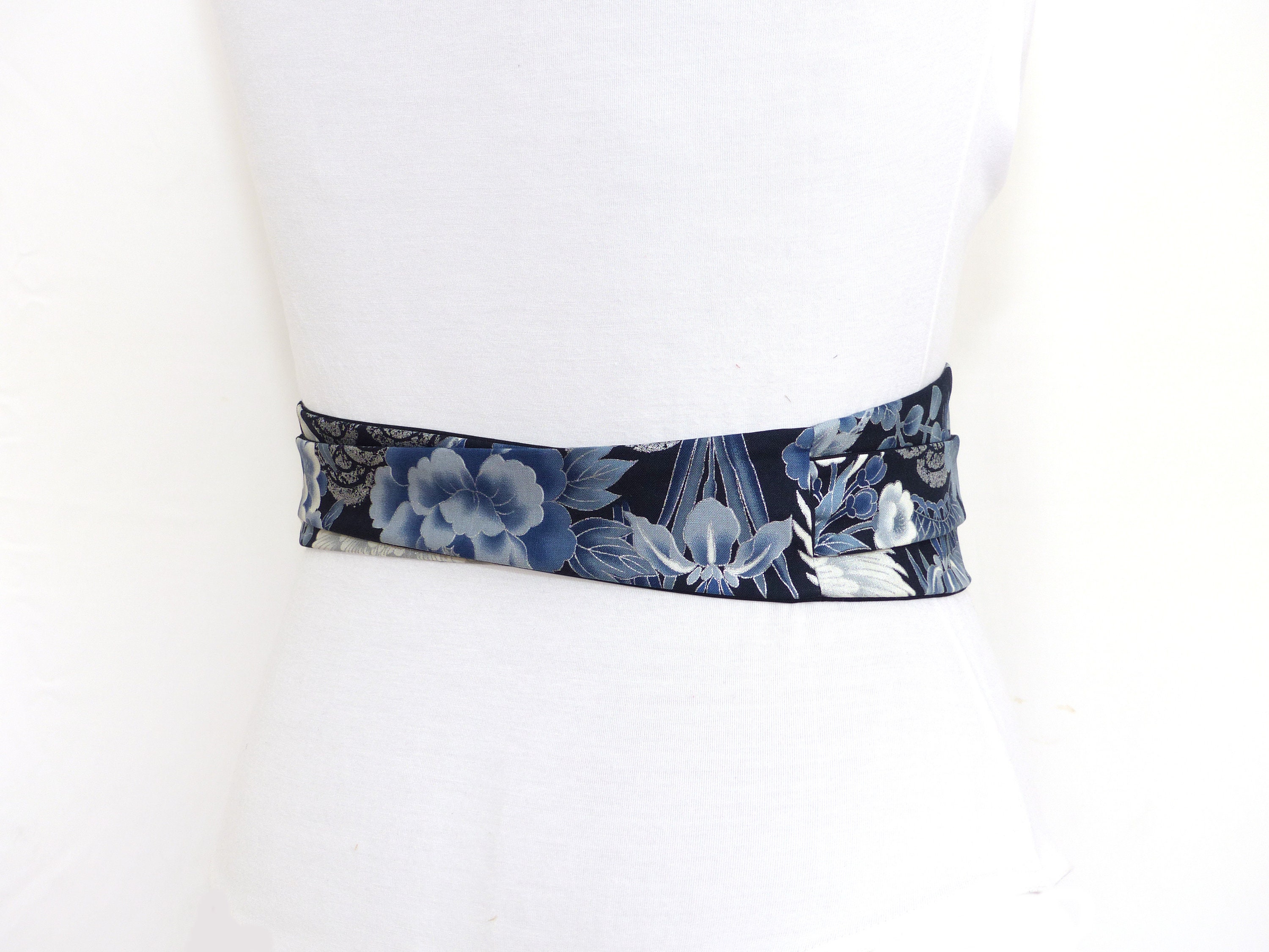Obi Waist Belt Black Silver Slate Blue Gray, Reversible Wide Wrap