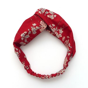 In 3 WIDTHS Red floral Cotton Crepe with pastel cherry blossom, Twist headband in Japanese fabric, adult womens girls, with elastic band