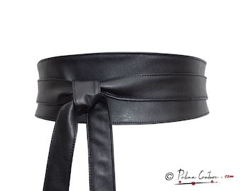 Ceinture à nouer / Obi noir cuir Simili Haute Couture, réversible, serre-taille Corset, nappa agneau fine douce. haute Large femme