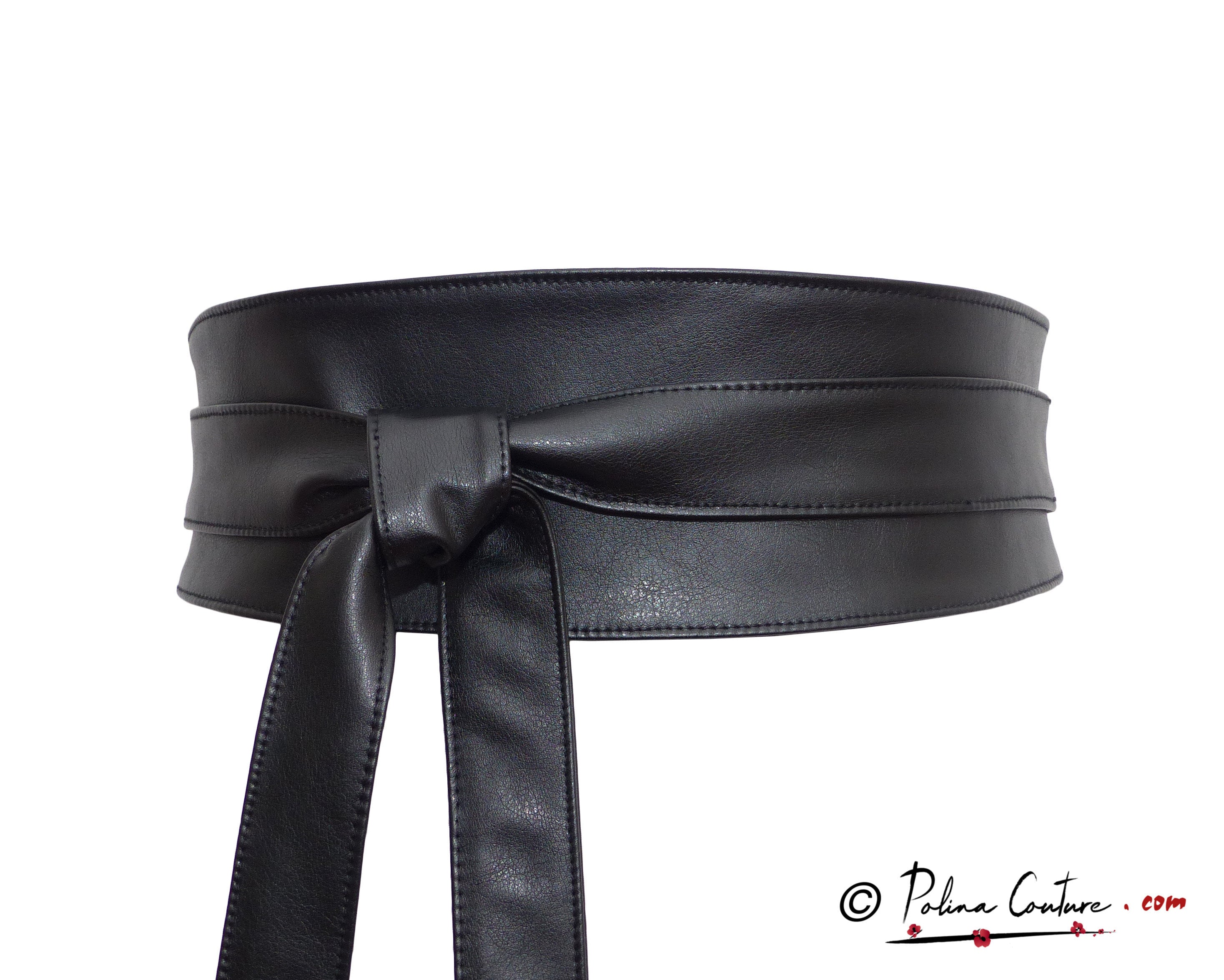 Black Obi Waist Belt, Faux Leather Wide Wrap Belt, High Vegan