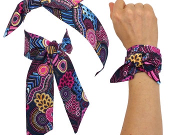 Schmal Tuch Band zum binden, Ethno graphisch Muster bunt vielfarbig rosa pink blau, Baumwolle Haarband Stirnband, Tasche, Hut Band, Armband
