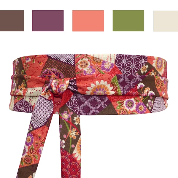 Ceinture obi à nouer Motifs fleuri Geometrique, bordeaux rouge corail multicolore, large, tissu coton japonais fleuri, robe kimono femme