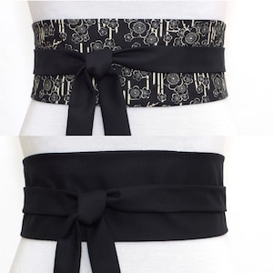 Obi Belt Silk Black & off-white Japanese Reversible fabric, wrap / waist belt / sash, wide kimono corset, ivory cotton, womens