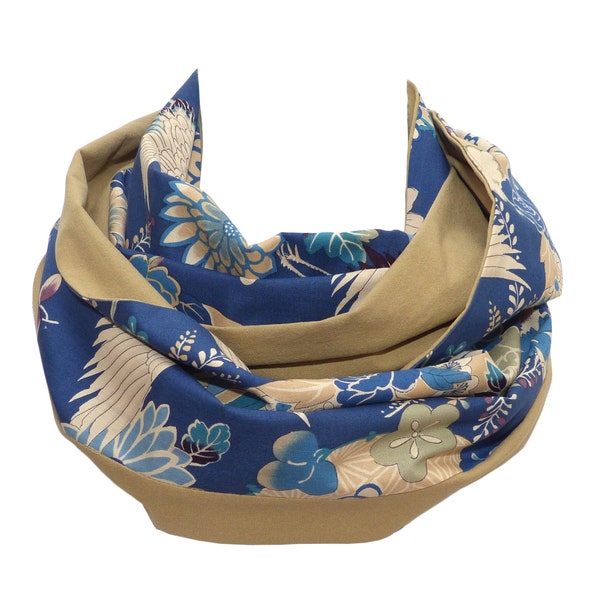 Motif Fleurs / Grues bleu beige & Coton Bio Uni Ecru, écharpe Double Face,  femme