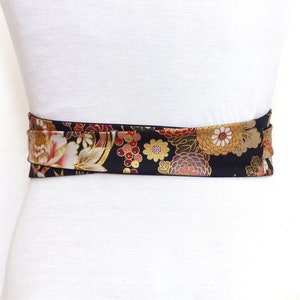 Black Gold Floral Obi Belt, Japanese cotton Fabric, colorful gold sash / Waist / Wide wrap belt, kimono yukata dress womens image 7