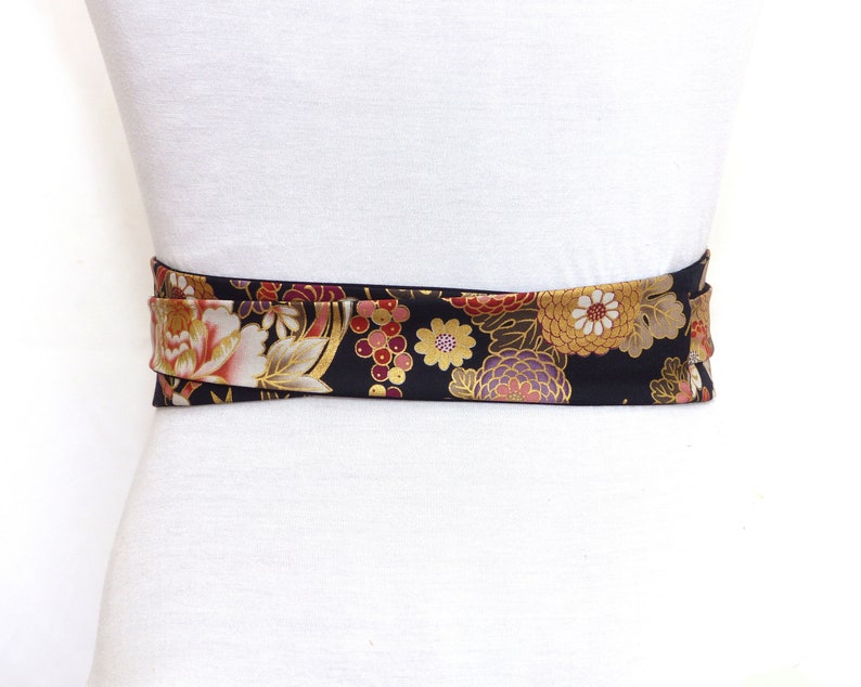 Black Gold Floral Obi Belt, Japanese cotton Fabric, colorful gold sash / Waist / Wide wrap belt, kimono yukata dress womens image 7