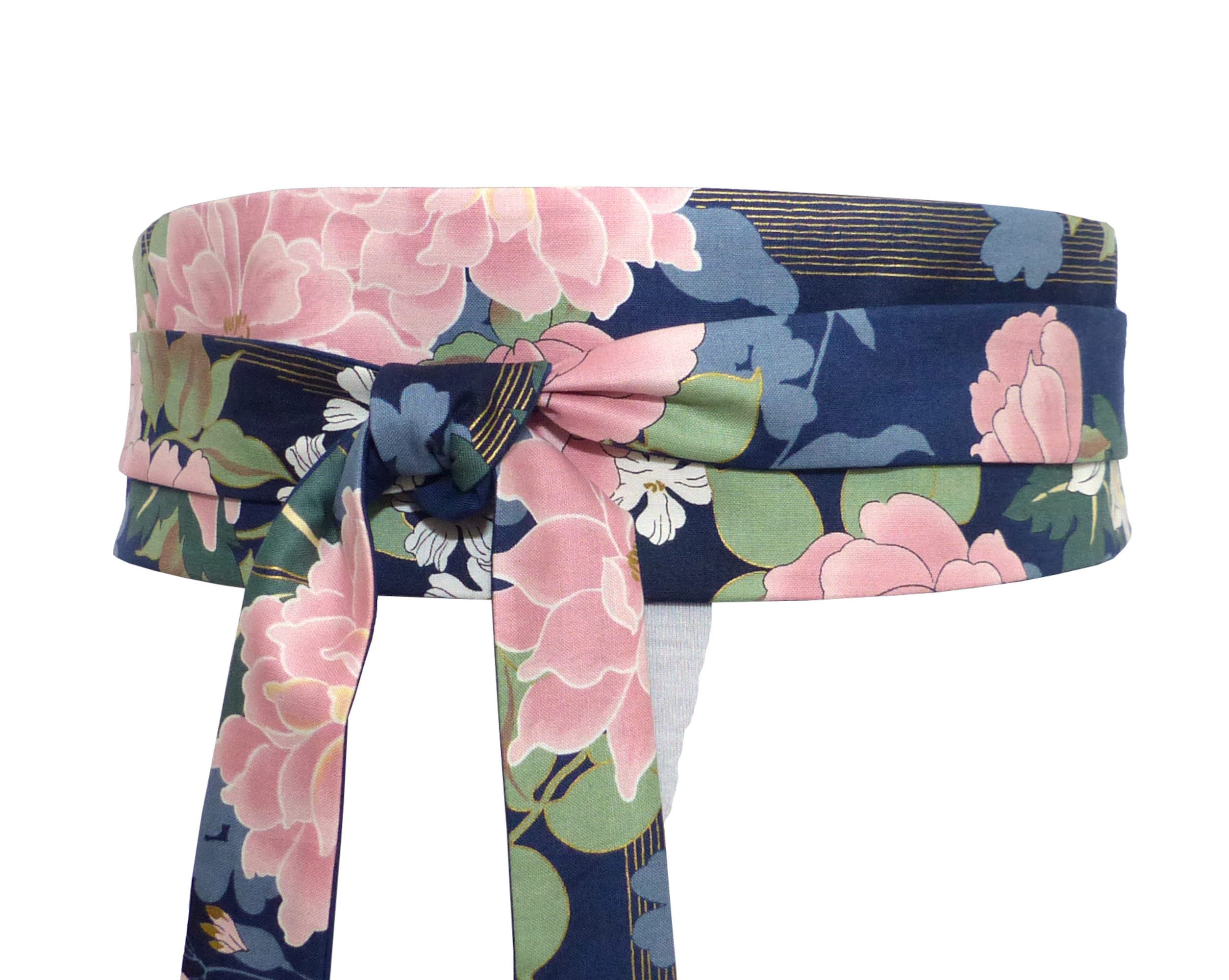 Wide Waist Belt in Navy blue with Pink and Yellow floral pattern, kimono dress jumpsuit or long shirt, women's, wrap belt, obi sash