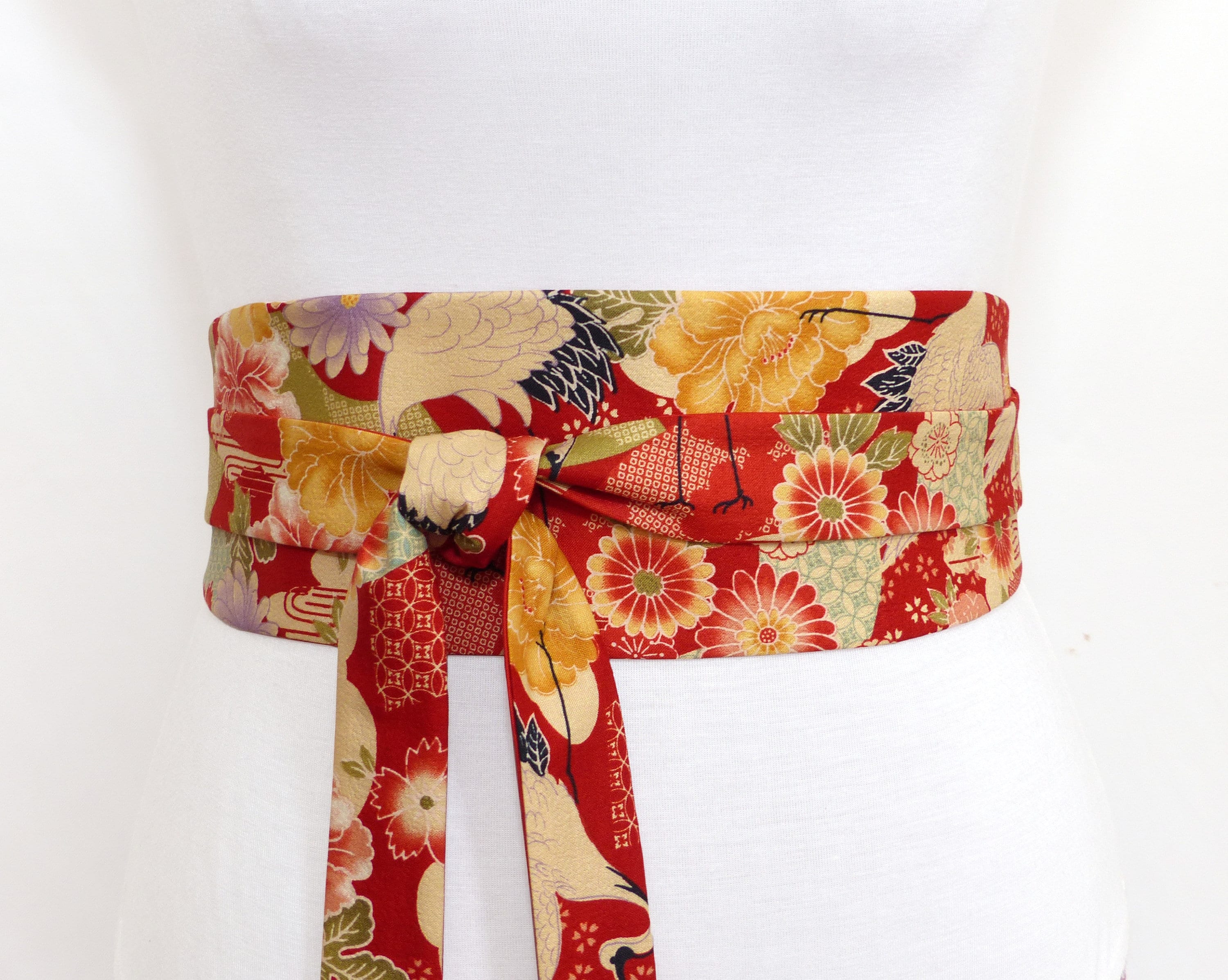 Red Obi Belt Flower & Cranes, Wide Wrap Waist Sash, Reversible: Japanese Cotton Fabric, Kimono Dress, Aqua Orange Beigeceladon Green, - Etsy Red Obi Belt Flower & Cranes, Wide Wrap Waist Sash, Reversible: Japanese Cotton Fabric, Kimono Dress, Aqua Orange Beigeceladon Green, - Etsy