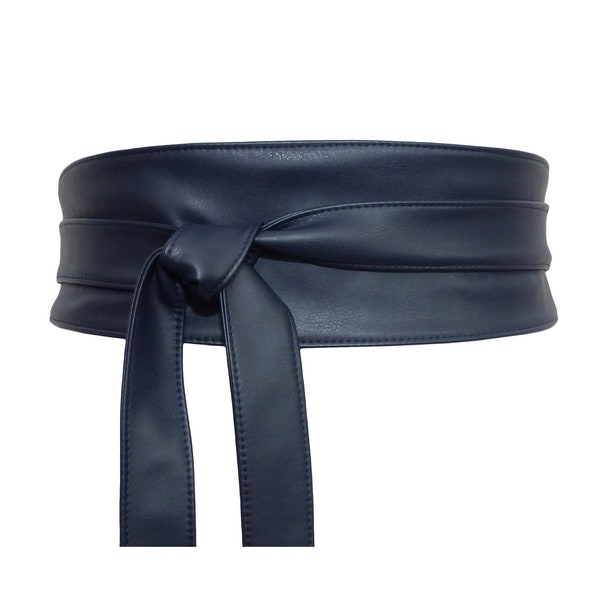 Ceinture à nouer / Obi, cuir vegan Bleu marine Simili, réversible, kimono serre-taille skai, nappa agneau fine douce. haute Large femme