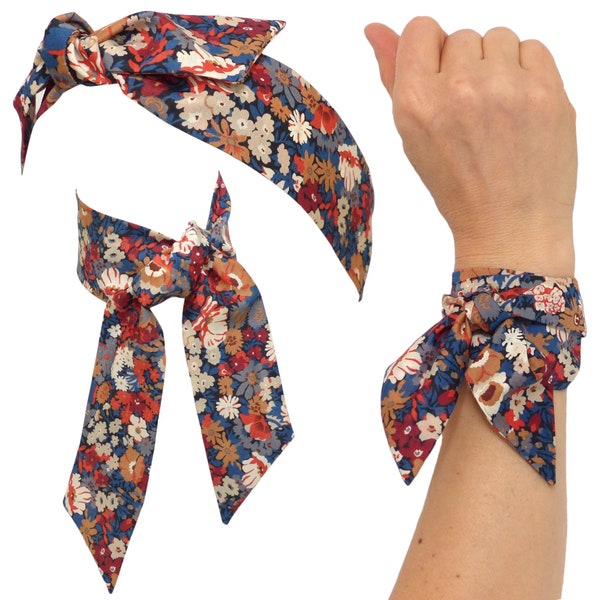 Floral skinny Scarf Liberty London Cotton, wired Headband wrap wrist bracelet, hat band, neck bow hair tie, blue burnt orange rust beige