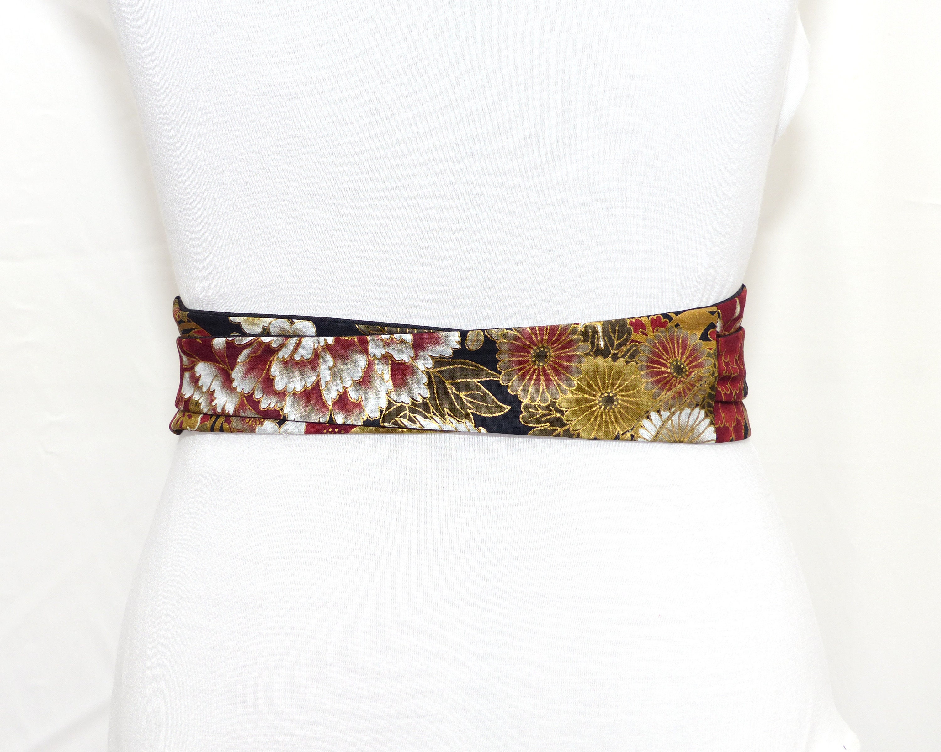 Floral Obi Belt, Black Gold Taupe Dark Red, Japanese Cotton  display picture 1