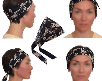 Kopftuch / Breit Stirnband, schwarz mit Pastell beige / Rosa Kirschblüten, Haarband / Bandana, Japanisch Baumwoll-Stoff